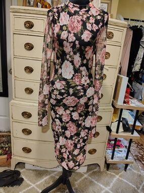 MINT VINTAGE 90S Charlotte Russe Black Floral Mesh Long Sleeve Bodycon Dress